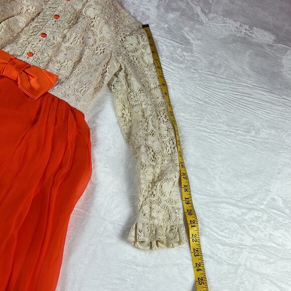 Vintage 70s Unbranded orange Chiffon and cream lace maxi dress, size small or xs - Picture 10 of 12